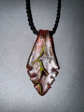 Iridescent Red and Gold Glass Pendant Necklace with Black Cord